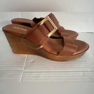 Lottini Italian Leather Brown Leather Wedge‎ Sandals Gold Buckle Slides shoes 9